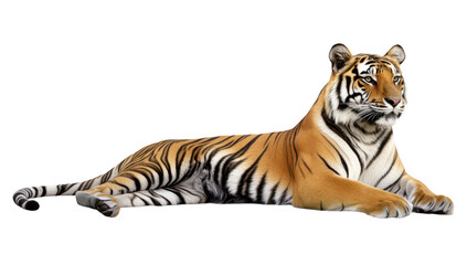 Obraz premium A majestic tiger lounging gracefully on a white background. its orange and black stripes. symbolizing strength and beauty in wildlife imagery