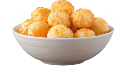 A close-up view of a white bowl filled with golden. crispy cheese balls. their texture and color. perfect for snack time or party appetizers
