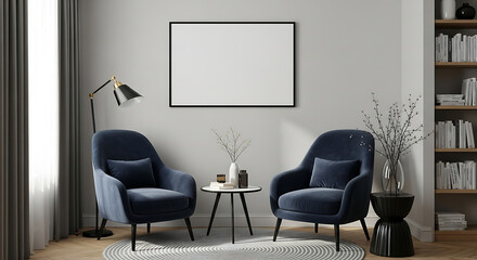 Cozy living room featuring a blank picture frame above two plush armchairs, complemented by a small table, bookshelf, and soft lighting, creating a comfortable and inviting atmosphere for relaxation a