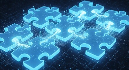 Interconnected puzzle pieces illuminate a complex network of data connections.