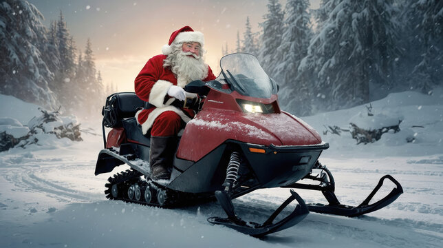 Santa rides a snowmobile through a snowy forest at sunset during winter