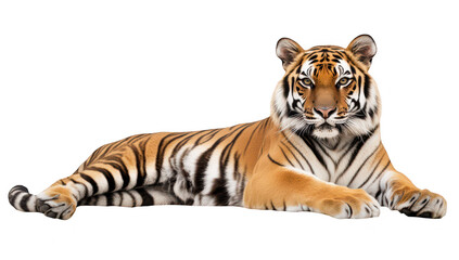 Obraz premium A majestic tiger lying gracefully against a plain background. its orange and black stripes. with a calm expression. ideal for wildlife-themed projects