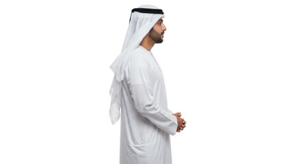 Elegant Emirati man in traditional dress isolated on transparent PNG, representing Arabian culture and heritage