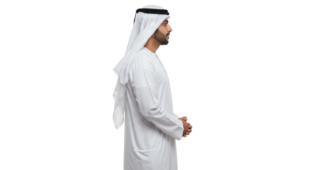 Elegant Emirati man in traditional dress isolated on transparent PNG, representing Arabian culture and heritage