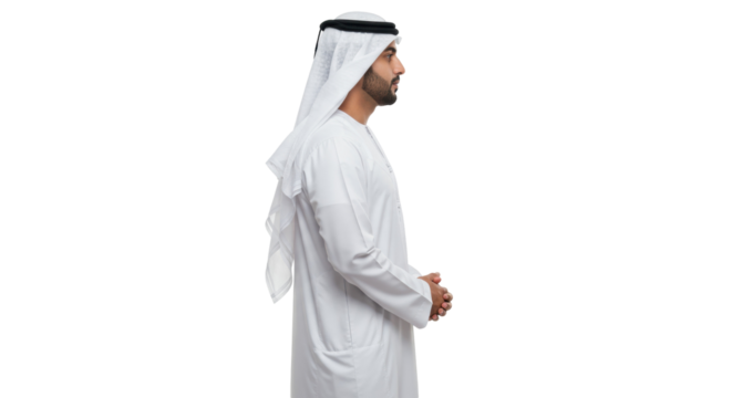 Elegant Emirati man in traditional dress isolated on transparent PNG, representing Arabian culture and heritage - Powered by Adobe