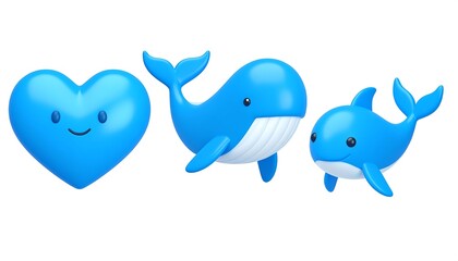Cute blue cartoon heart, whale, and dolphin