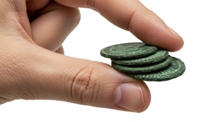Hand holding four ancient bronze coins isolated, old currency with patina and historical value for numismatics and collecting