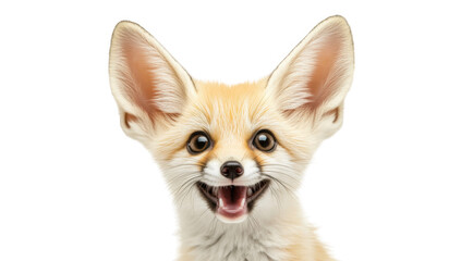 Obraz premium A close-up portrait of a playful fennec fox with large ears and a joyful expression. set against a plain white background. ideal for wildlife enthusiasts or educational materials