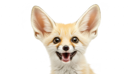 A close-up portrait of a playful fennec fox with large ears and a joyful expression. set against a plain white background. ideal for wildlife enthusiasts or educational materials