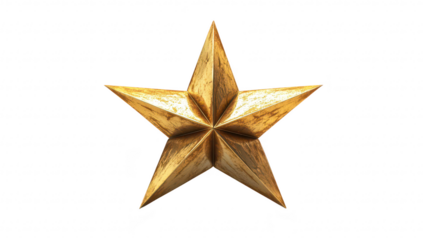 A three-dimensional golden star with a textured surface. standing upright against a white background. symbolizing achievement and celebration. ideal for awards or festive decorations