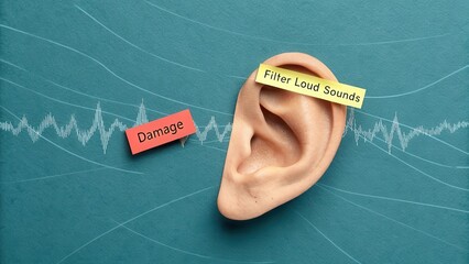 Human ear illustration with labels and sound wave visualization