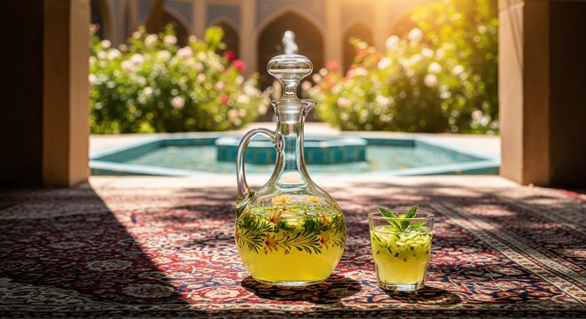 Traditional iranian sharbat sekanjabin drink in a beautiful garden with a fountain and roses