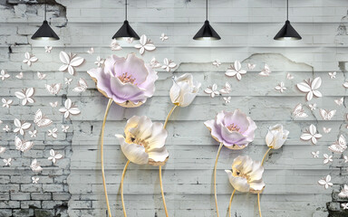 Soft pastel-colored 3D flowers on wooden background mural.