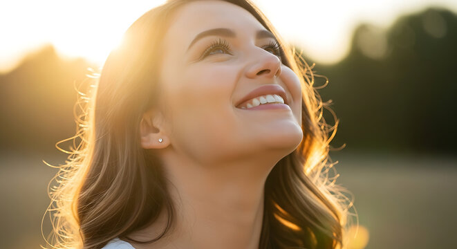 Smiling woman looking up towards a bright sun radiating positivity and joy Golden hour light on a warm sunny day