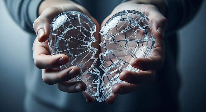 Shattered heart : Hands holding a broken glass heart symbolizing heartbreak loss and fragility in a poignant and symbolic image