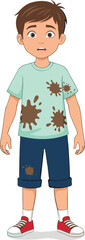 Cartoon boy with dirty clothes, stained shirt, messy appearance, child hygiene, laundry concept, cleaning illustration, childhood accident, careless kid drawing