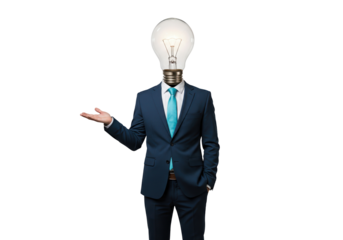 Man in suit with light bulb head isolated on transparent background, creative idea concept