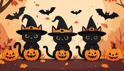 Cute black cats in witch hats holding pumpkins, autumnal background