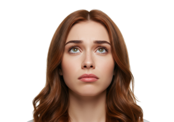 Pensive young woman with red hair looking up isolated on transparent background, thoughtful expression
