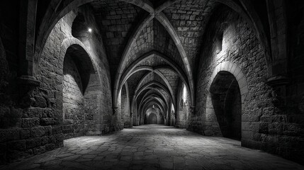 Obraz premium Textured Monochrome Brick Archway Composition in Vaulted Corridor – Immersive Visual for Inclusive Architecture and Digital Wellness Branding