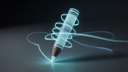 Glowing digital pencil writing binary code technology