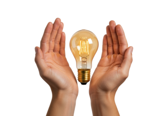 Vintage light bulb held in hands isolated on white, concept for ideas and innovation