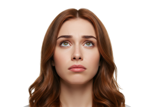 Pensive young woman with red hair looking up isolated on transparent background, thoughtful expression