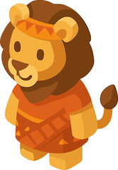 A cute cartoon lion character wearing an orange outfit with tribal patterns and a matching headband, illustrated in a playful and colorful style.