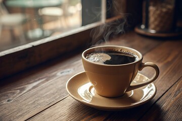 Obraz premium Steaming cup of coffee on a rustic wooden table by the window