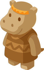 A cute cartoon hippo character wearing a brown tribal outfit with zigzag patterns and an orange headband, illustrated in a fun and playful style.