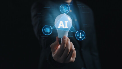 Fototapeta premium AI Assistant Brain Processor with LLM Technology, Big Data, Machine Learning, Generative AI for Business Support, Future Agentic AI Technology and Artificial Intelligence Prompt Engineering. Elide