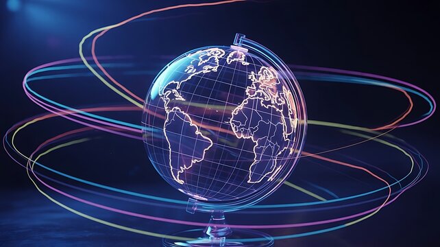 Glowing globe with colorful light trails earth world