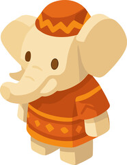 A cute cartoon elephant character dressed in a traditional orange outfit with matching hat, illustrated in a playful isometric style.