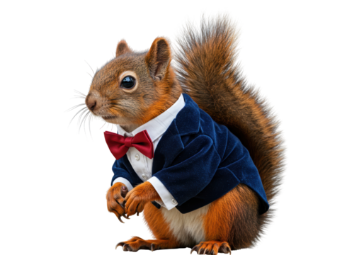 Squirrel in a blue velvet suit with a red bow tie isolated PNG, animal fashion concept