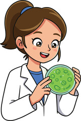 Cartoon scientist, green bacteria, petri dish, lab coat, microbiology research, smiling character, biology lab, science study, experiment, education