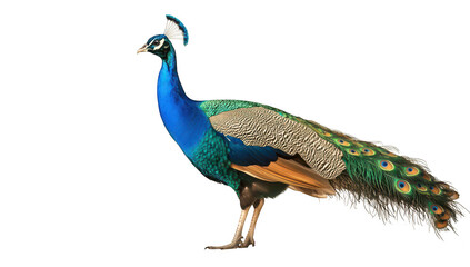 Fototapeta premium A peacock displaying its magnificent plumage against a clean white background. its colorful feathers and elegant stance. ideal for nature and wildlife photography
