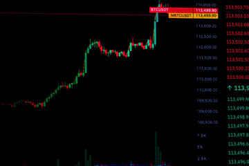 Close-up of a dark digital screen displaying a rapid BTC/USDT price surge, using vibrant red and green Japanese candlesticks on a high-frequency trading chart.

