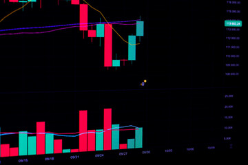 Abstract, close-up view of a dark trading screen, showing the dramatic rise and fall of a financial asset using vibrant red and cyan Japanese candlesticks and volume bars.

