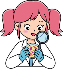 Cartoon scientist, microbiology lab, pink hair, petri dish, magnifying glass, lab coat, blue gloves, research, microorganisms, science illustration