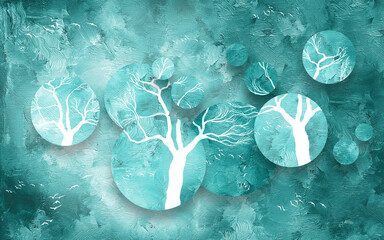 Modern mural with artistic blue tree illustration on abstract background. © design