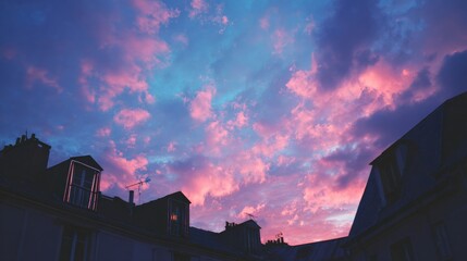 Colorful Sunset Sky Over Rooftops in Urban Environment