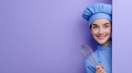 Smiling young Caucasian woman in a blue chef uniform and hat, holding a whisk, peeking from behind a purple wall.