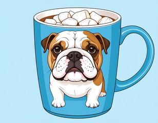 Cute bulldog in a blue mug with marshmallows