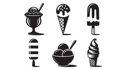 Set of black and white ice cream icons vector illustration of frozen desserts isolated on a white background