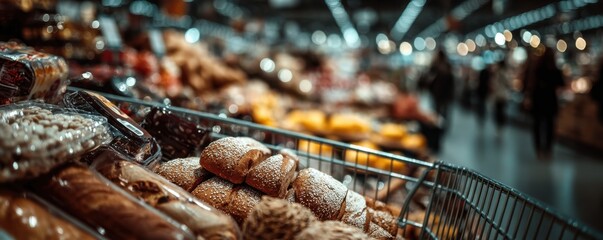 Shopping cart filled with baked goods in a busy supermarket interior