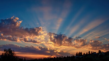 Stunning Sunset with Vibrant Rays and Colorful Clouds in Sky