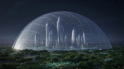 Futuristic dome city with sleek towers and lush greenery