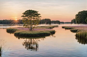 Peaceful Golden Hour Over Unique Wetland Islands with Perfect Reflections