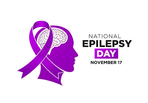 National epilepsy day awareness graphic with purple ribbon and brain illustration isolated on transparent background