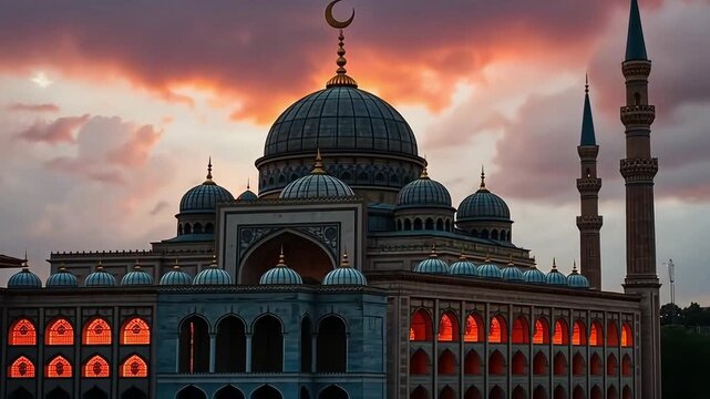 Majestic islamic mosque architecture showcasing religious faith spirituality and heritage under beautiful skies with crescent moon on top of its dome